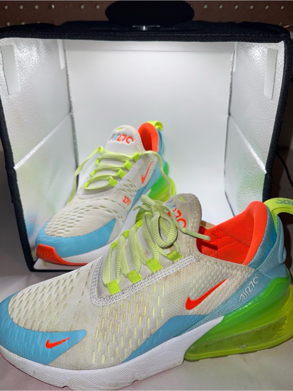 Nike Air Max 270 Sneakers — White, Blue, Neon Green, Orange